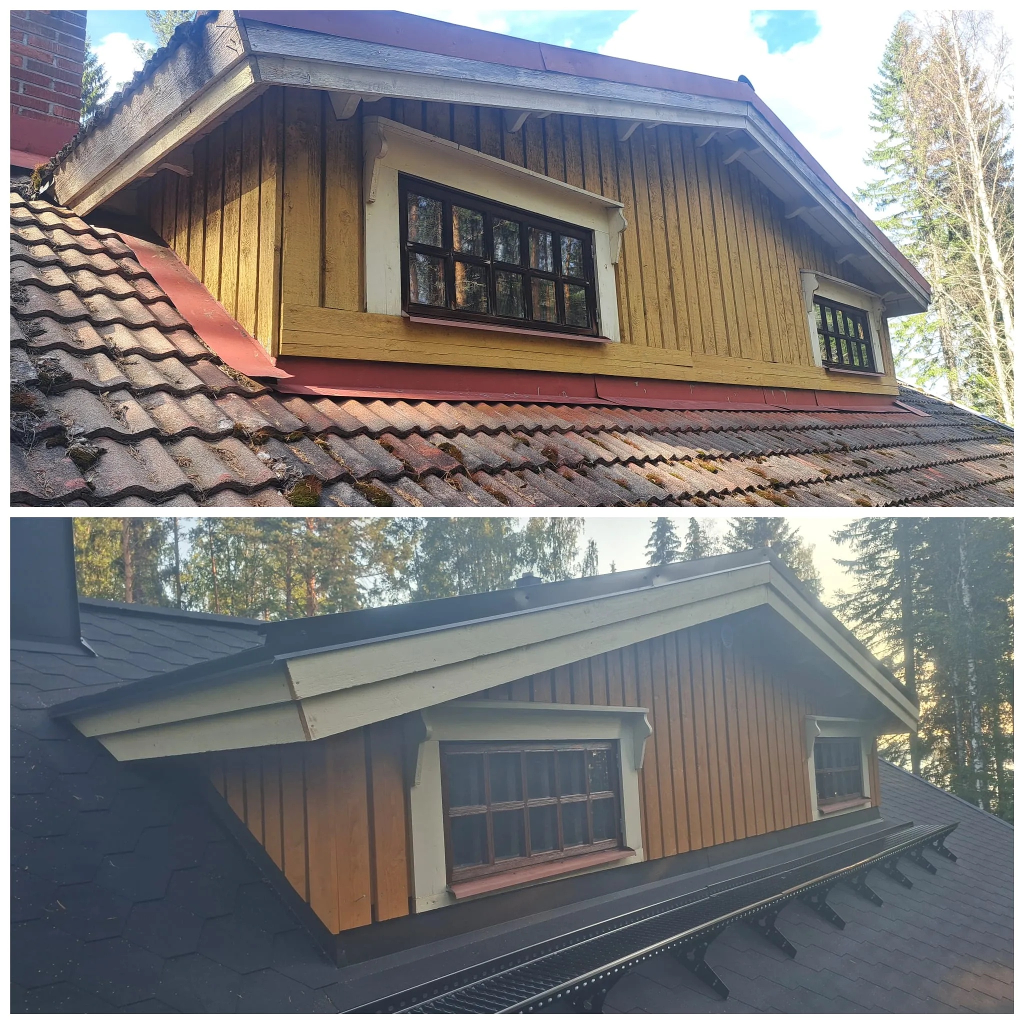 Kaksi kuvaa talon katosta ja katteikkunasta ennen ja jälkeen remontin. Ylemmässä kuvassa on vanha, sammaleinen punertavanruskea tiilikatto ja keltainen puuverhoiltu katteikkuna tummilla ikkunanpuitteilla ja vaaleilla listoilla. Vasemmalla näkyy tiilisavupiippu. Alempi kuva esittää remontoidun katon, jossa on uusi tummanharmaa palahuopakatto, tummanharmaa savupiippu ja katteikkunan puuverhous on nyt ruskeampi. Katolla on myös mustat lumiesteraudat. Ylemmässä kuvassa on kirkas päivänvalo ja alemmassa pehmeämpi iltavalo.
