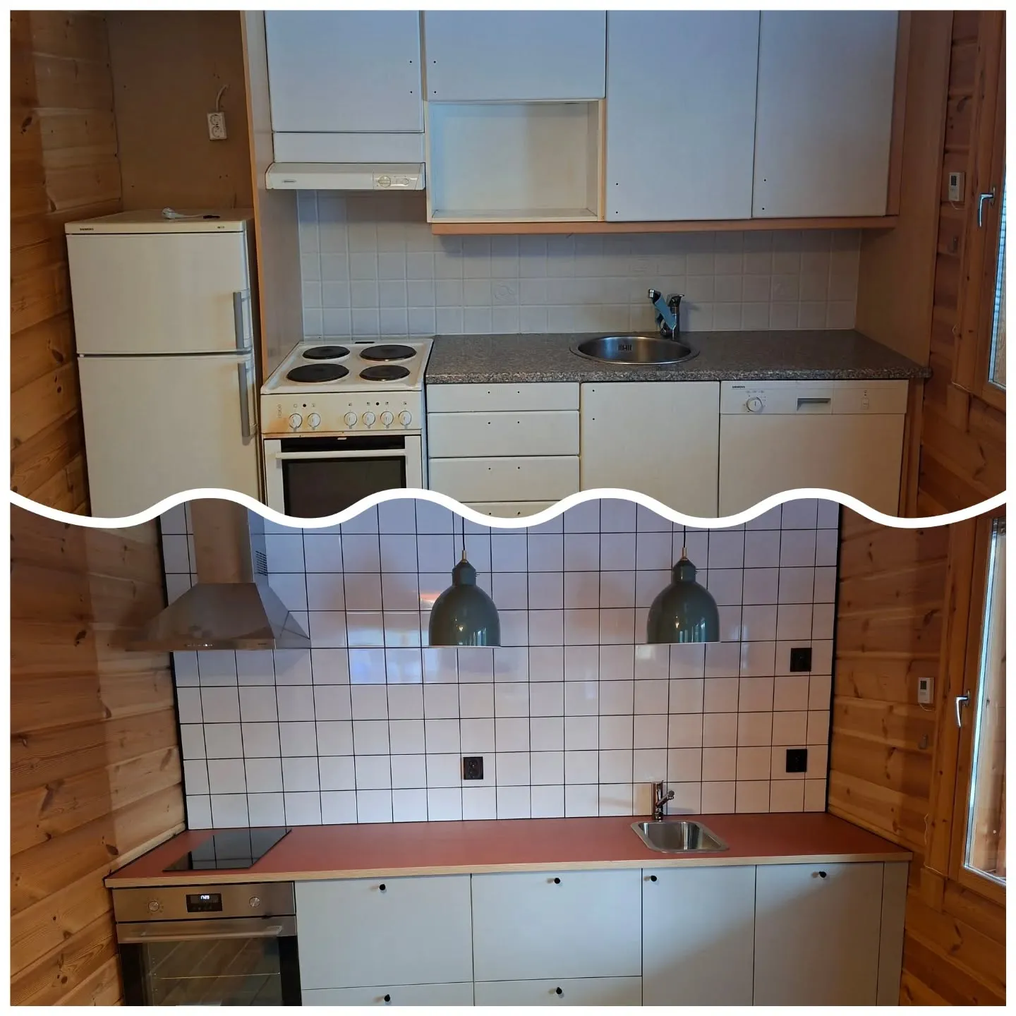 Kuva esittää keittiön muutosta ennen ja jälkeen remontin. Yläosassa on vanha keittiö puuseinineen, valkoinen jääkaappi, liesi, yläkaapit, harmaa työtaso ja vaalea laattavälitila. Alaosassa on remontoitu keittiö, jossa on punaruskea työtaso, vaaleanharmaat alakaapit, teräksinen liesituuletin, induktioliesi ja uuni. Välitilassa on valkoiset laatat mustilla saumoilla ja kaksi tummanharmaata riipusvalaisinta. Molemmissa kuvissa on ikkuna oikealla.