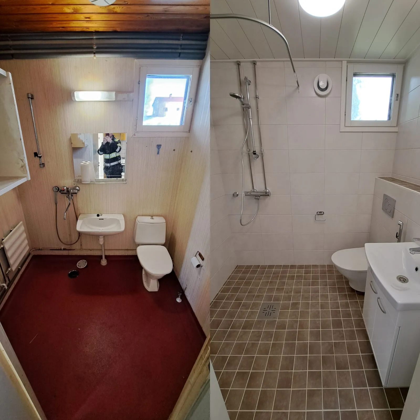Kaksi kuvaa vierekkäin, jotka näyttävät kylpyhuoneen muutoksen. Vasemmalla puolella on vanha kylpyhuone tummanpunaisella lattialla, vaaleilla puupaneeliseinillä ja tummalla puukatolla. Siinä on vanha pesuallas, WC-istuin ja peili. Oikealla puolella on remontoitu kylpyhuone vaaleanruskeilla lattialaatoilla, valkoisilla seinälaatoilla ja valkoisella paneelikatolla. Siinä on moderni suihku, seinä-WC ja allaskaappi. Molemmissa kuvissa on ikkuna ja valaistus on kirkkaampi remontin jälkeen.