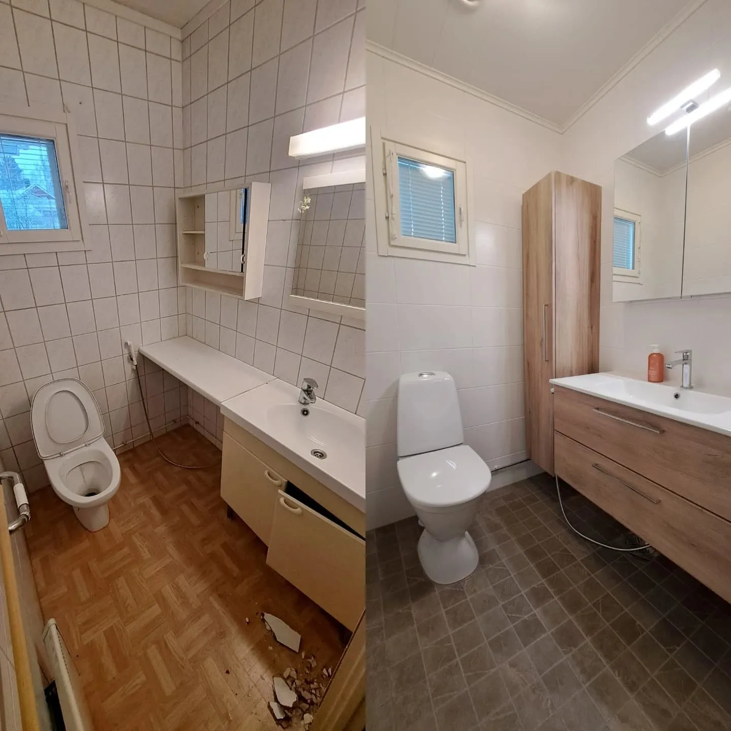 Kylpyhuoneen ennen ja jälkeen -kuva. Vasemmalla vanha kylpyhuone, jossa on valkoiset seinälaatat, vaalea puukuvioinen lattia, avoin WC-istuin, valkoinen pesuallas ja vaalea allaskaappi, jonka ovi on auki ja lattialla on rikkoutuneita palasia. Oikealla remontoitu kylpyhuone, jossa on samat valkoiset seinälaatat, tummanruskeat lattialaatat, moderni WC-istuin, puinen allaskaappi valkoisella pesualtaalla ja korkea puukaappi. Valaistus on kirkkaampi ja tila on siistimpi.