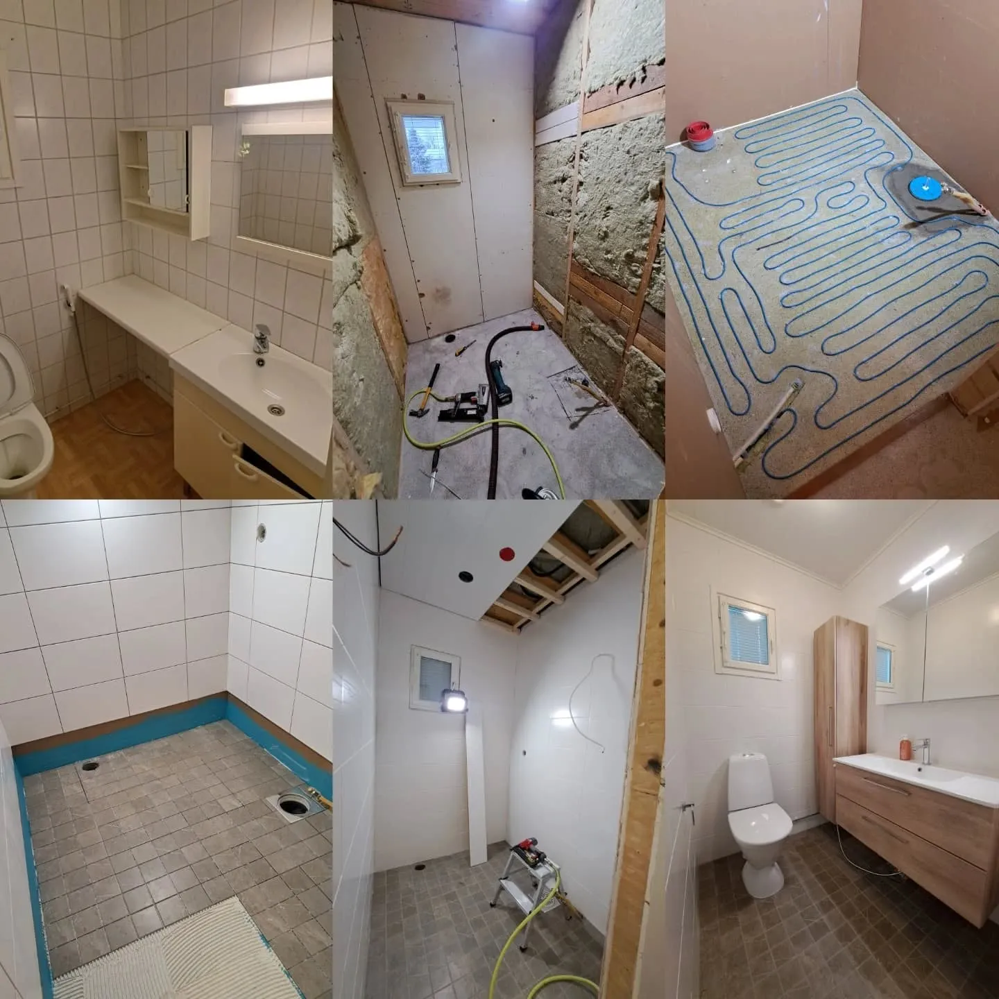 Kylpyhuoneremontin kuusi vaihetta. Ylävasemmalla vanha valkoinen laatoitettu kylpyhuone ruskealla lattialla. Yläkeskellä seinät on purettu, näkyvissä eristystä ja työkaluja. Yläoikealla harmaalla lattialla siniset lattialämmitysputket. Alavasemmalla sininen vedeneristys ja harmaat lattialaatat. Alakeskellä valkoiset seinät ja harmaa lattia, katto osittain auki. Alaoikealla valmis moderni kylpyhuone valkoisilla laatoilla, harmaalla lattialla, puunvärisillä kalusteilla ja kirkkaalla valaistuksella.