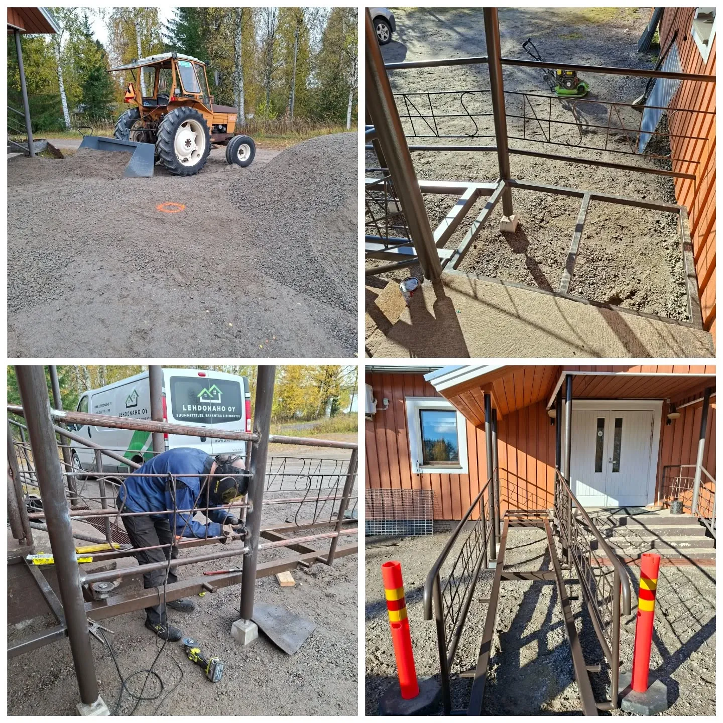 Neljän kuvan kollaasi esittelee metallisen luiskan ja kaiteiden rakennusvaiheita. Ylävasemmalla oranssi traktori on sorakasan vieressä. Yläoikealla näkyy luiskan metallirunko soraisella maalla. Alavasemmalla hitsaaja työstää kaiteita Lehdonaho Oy:n pakettiauton edessä. Alaoikealla valmis ruskea metalliluiska ja kaiteet johtavat oranssin puutalon valkoiselle ovelle. Kaksi puna-keltaista tolppaa on luiskan alussa. Aurinkoinen päivänvalo luo teräviä varjoja.