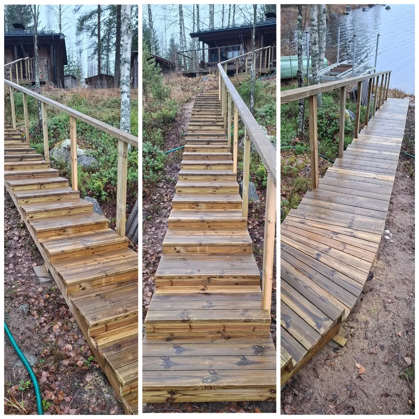 Kolme kuvaa esittää puista portaikkoa ja kulkusiltaa, joka johtaa mökiltä järven rantaan. Vasemmassa kuvassa näkyy portaiden alaosa ja vihreä letku. Keskimmäisessä kuvassa näkyy koko portaikko kaiteineen, joka nousee kohti metsäistä mökkiä. Oikeassa kuvassa portaikko jatkuu tasaisena puusiltana järven rantaan, jossa on vene ja venetelakka. Maasto on metsäistä ja lehtipeitteistä, rannalla hiekkaista. Valo on pilvinen.