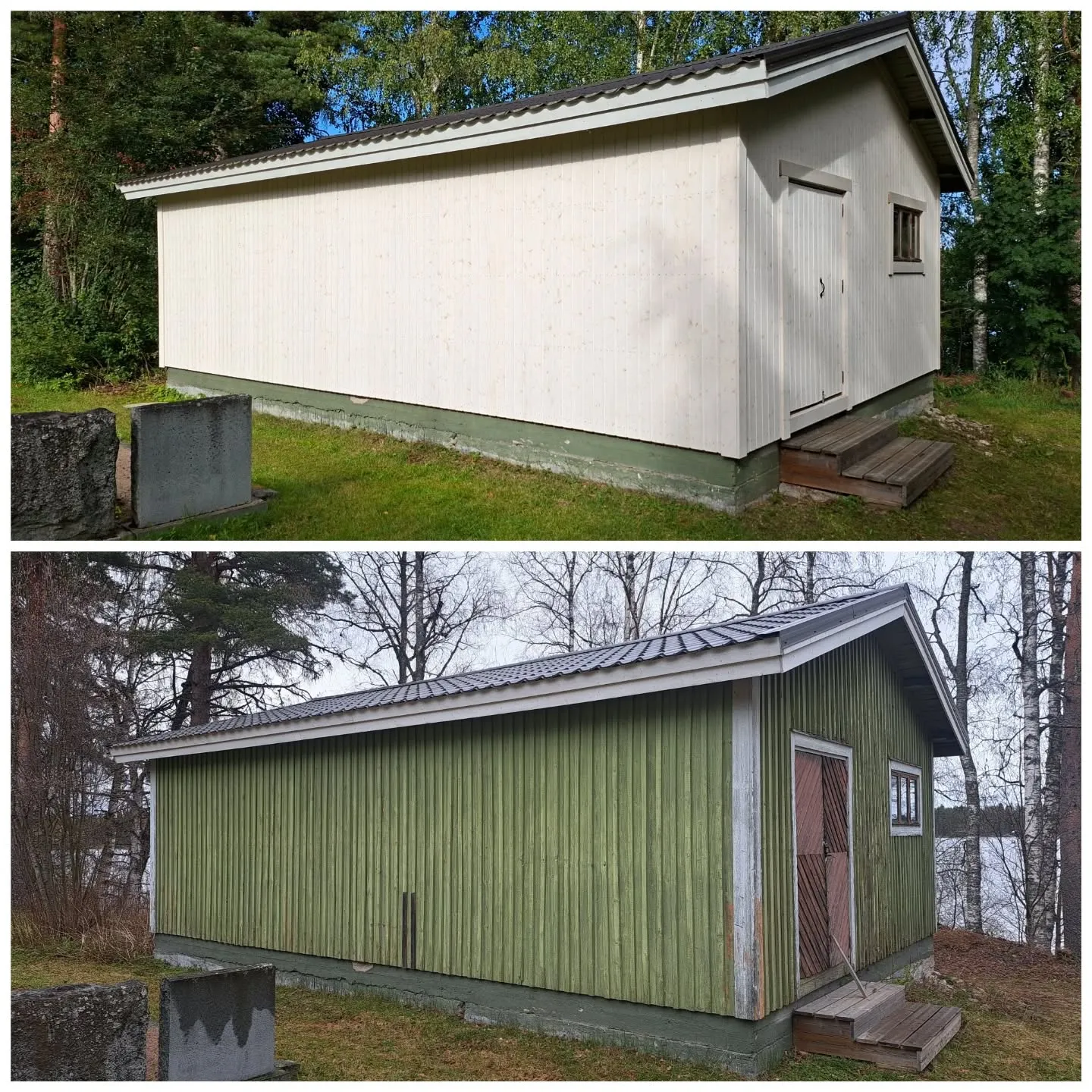 Ylempi kuva esittää vaalean puisen rakennuksen tummalla katolla ja vihreällä sokkelilla, rehevän vihreän ruohon ja puiden ympäröimänä sinisen taivaan alla. Rakennuksen päädyssä on ovi ja ikkuna, joille johtavat puiset portaat. Alempi kuva näyttää saman rakennuksen haalistuneen vihreänä, tummalla katolla ja vihreällä sokkelilla, kuivan ruohon ja paljaiden puiden keskellä harmaan taivaan alla. Taustalla näkyy järvi. Rakennuksen ovi ja ikkuna ovat samassa paikassa, ja portaat ovat kuluneemmat.